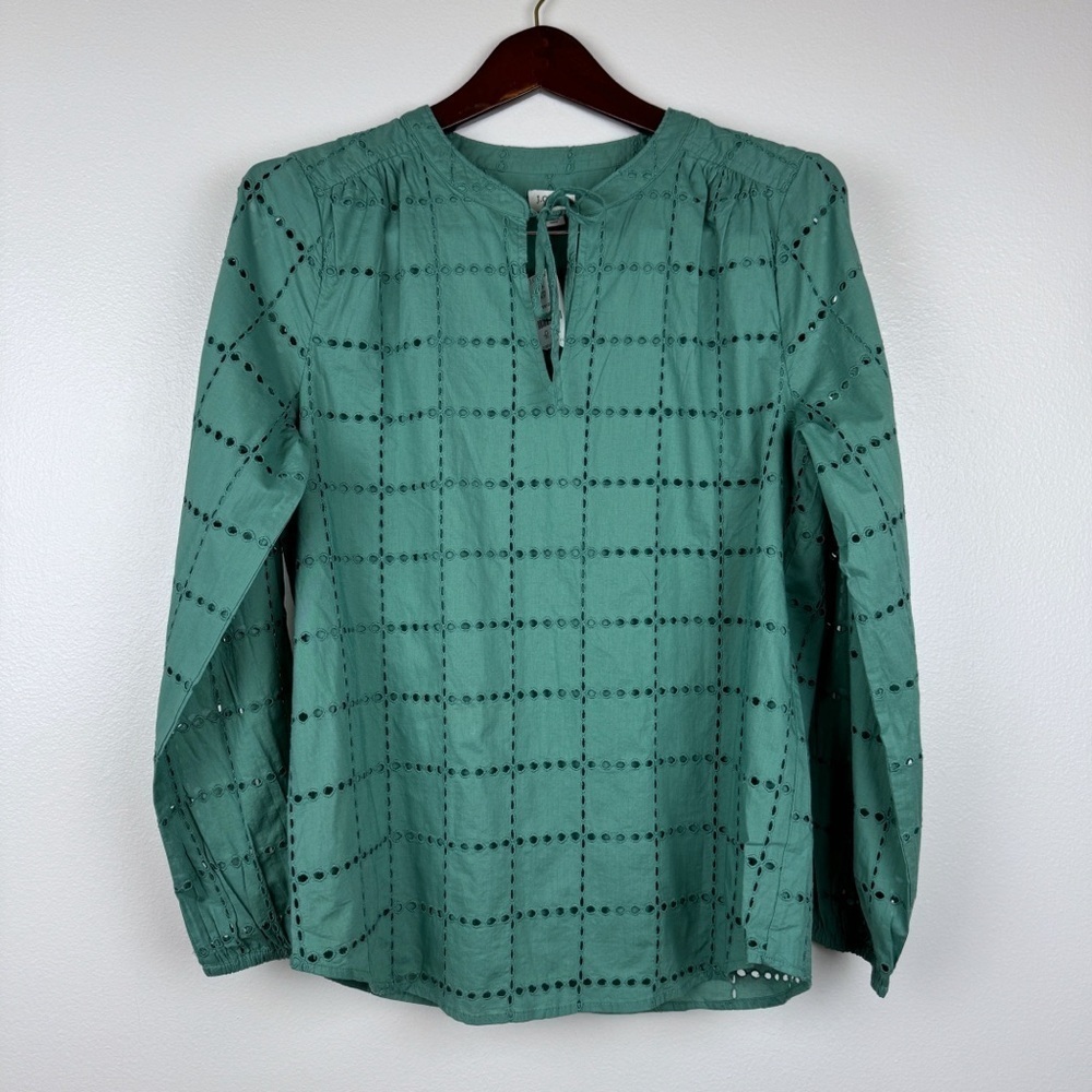 J. Crew Long Sleeve Lightweight Cotton Eyelet Tie Neck Top Size S NWT - Picture 3 of 7